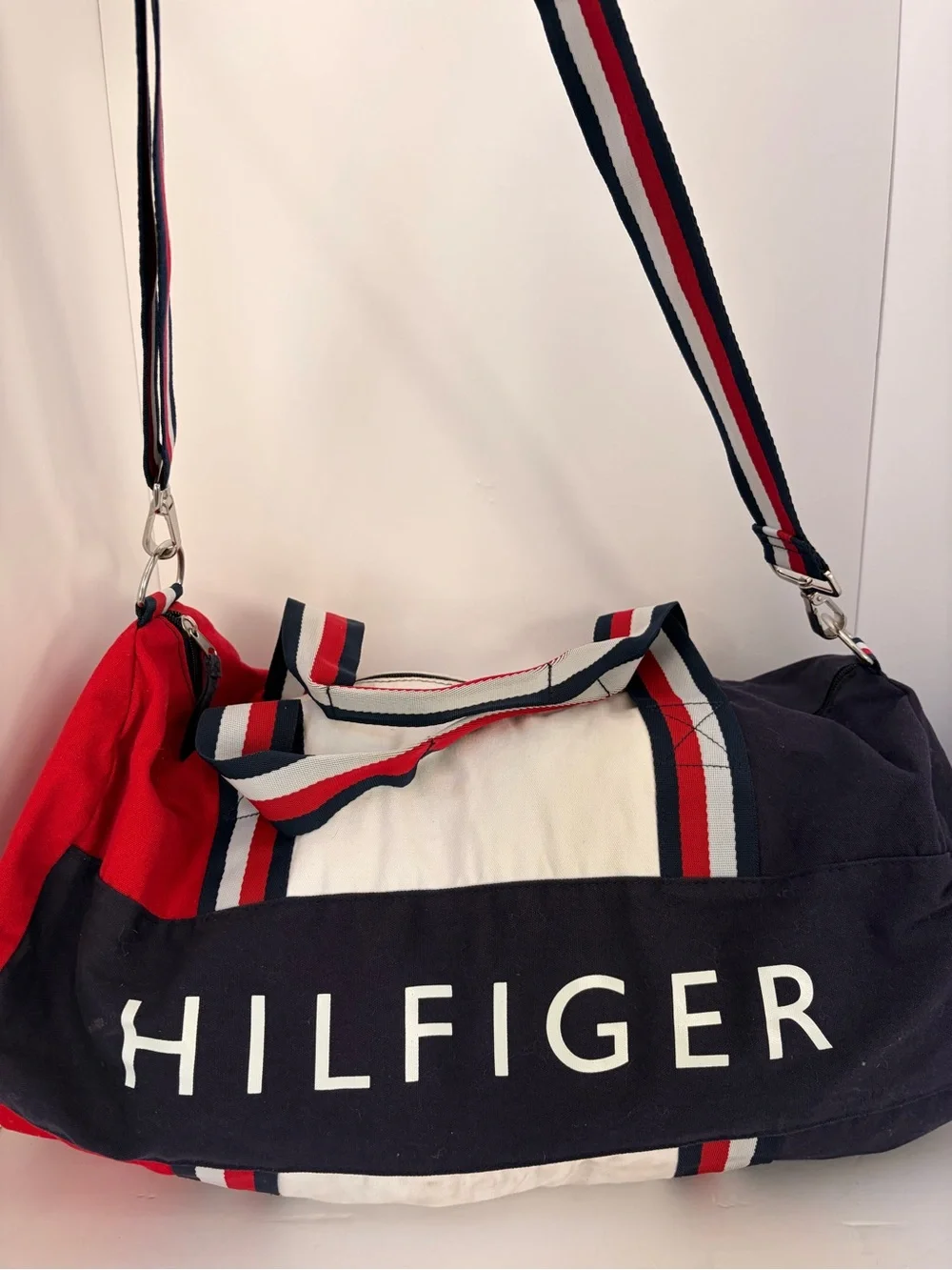 Tommy Hilfiger Red, Navy & White Canvas Duffel with Striped Handles